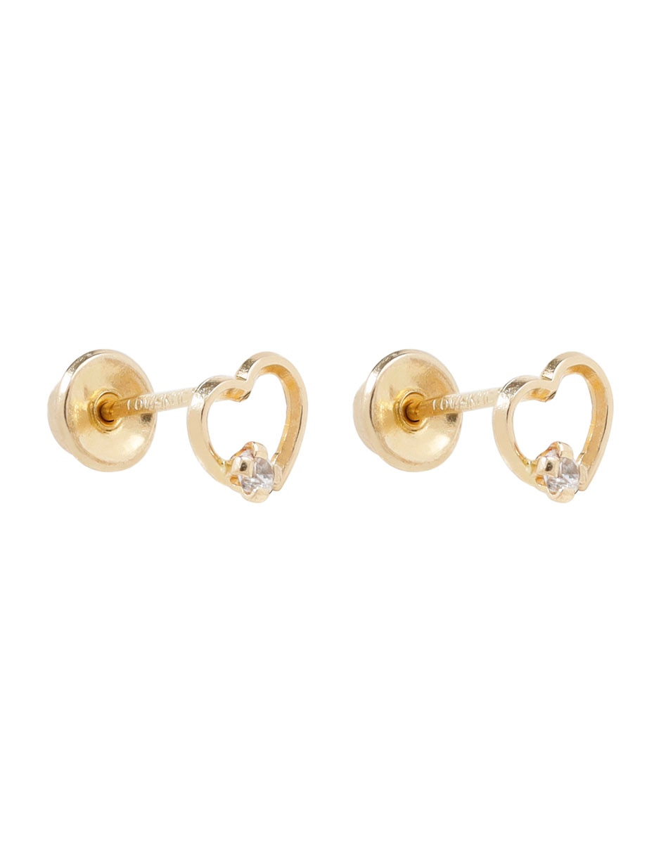 Broqueles de corazón de oro amarillo 14 K con acabado espejo zirconia
