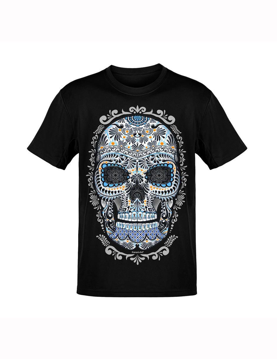 Playera calavera talavera estilo mexicano cuello redondo para hombre
