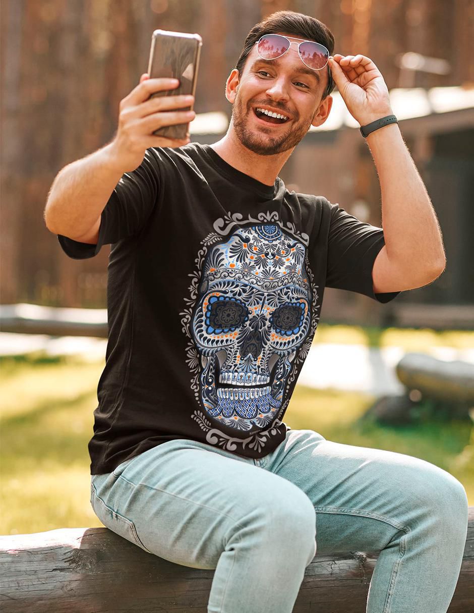 Playera calavera talavera estilo mexicano cuello redondo para hombre