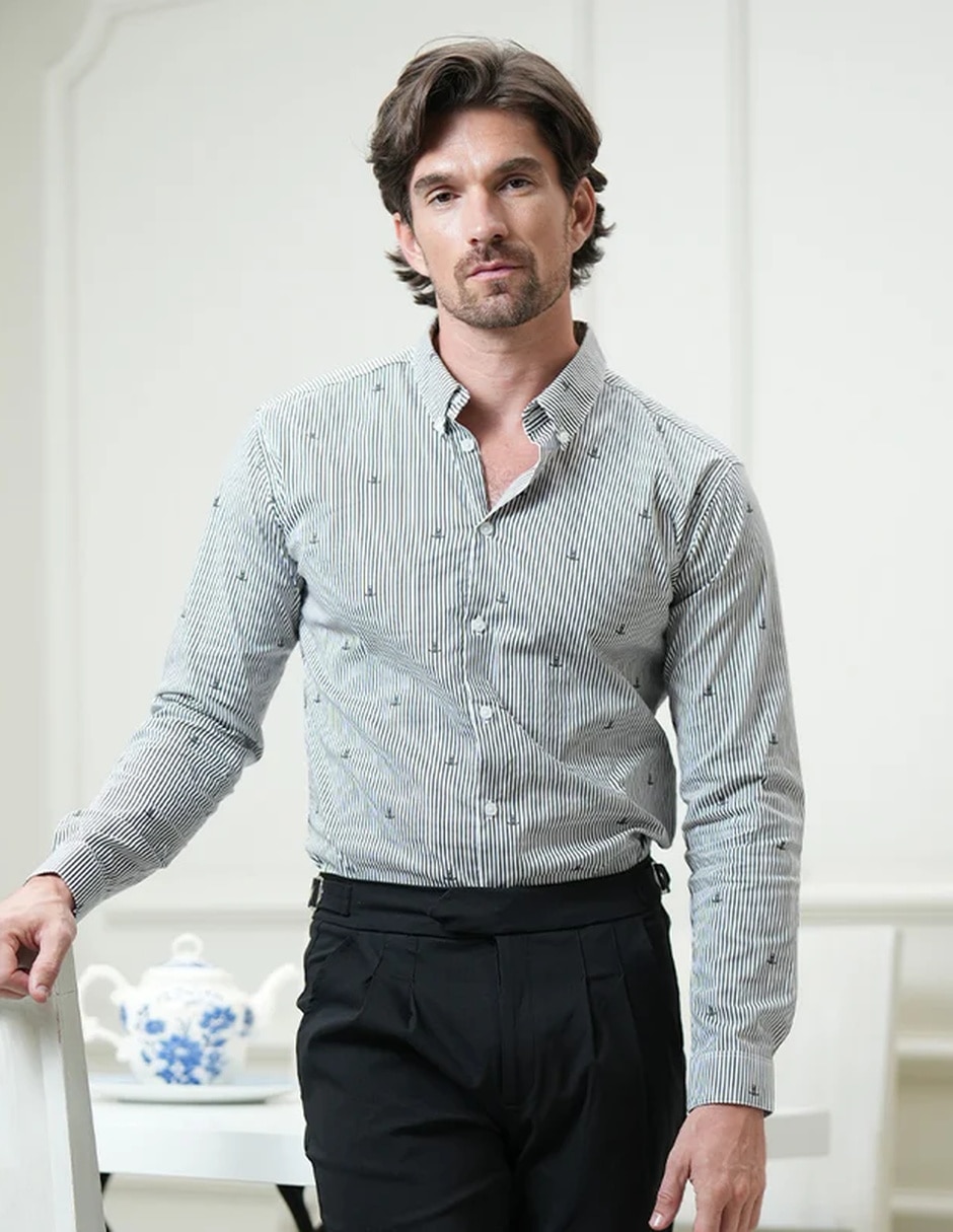 Camisa casual john leopard de algodón manga larga para hombre