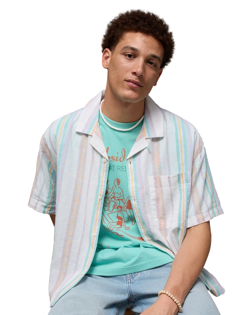 Camisa casual american eagle de lino manga corta para hombre
